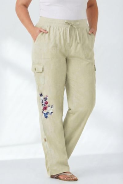 Natural khaki floral embroidery