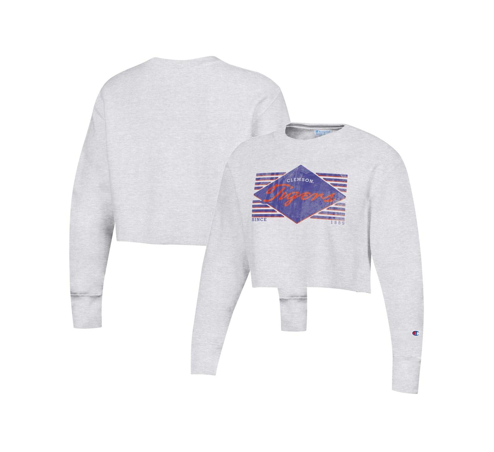 Champion Women's Heather Gray Clemson Tigers Reverse Weave Cropped Pullover Sweatshirt