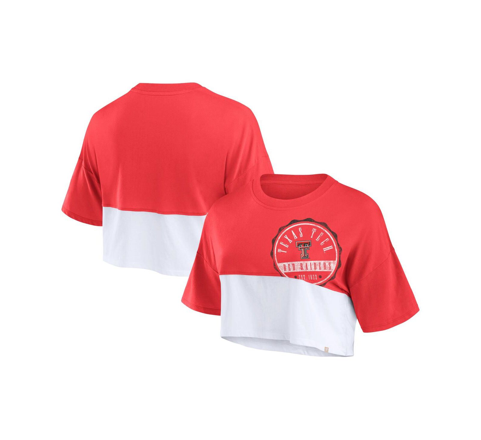 Женская рубашка Fanatics Red/White Texas Tech Red Raiders Oversized Badge Color Block Cropped T-Shirt