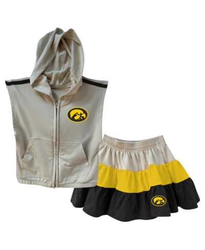 Wes & Willy Girls Toddler 2-Piece Tan Iowa Hawkeyes Tri-Blend Sleeveless Full-Zip Hoodie and Tiered Skirt Set