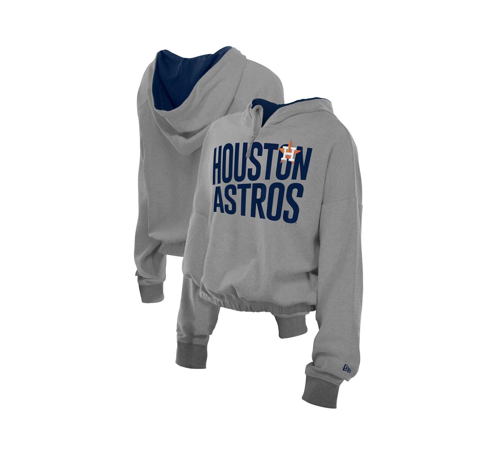 New Era Men's Heather Gray Houston Astros Reversed Out French Terry Quarter-Zip Banded Crop Hoodie