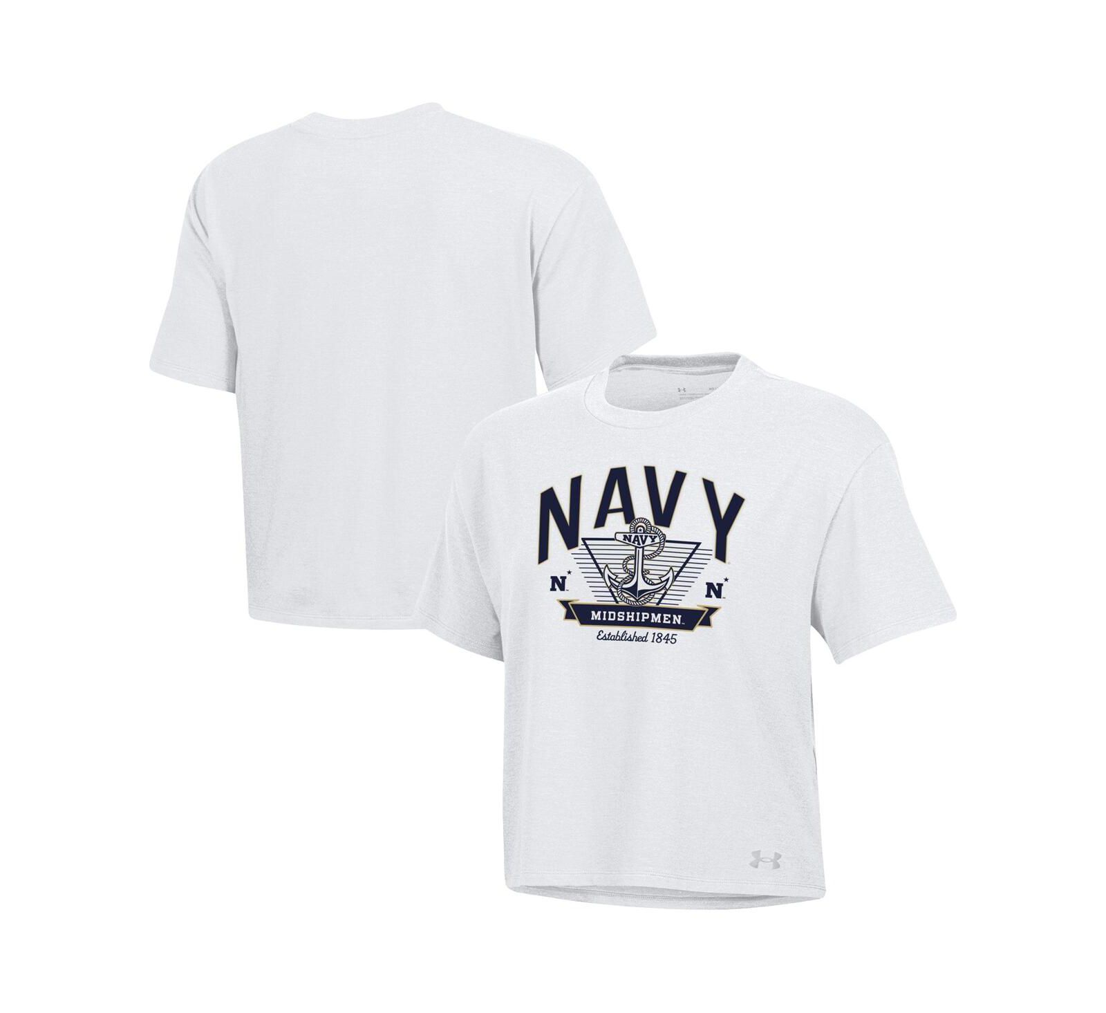 Under Armour Women's White Navy Midshipmen Essentials Icon Ultra-Soft Tri-Blend Boxy Cropped T-Shirt