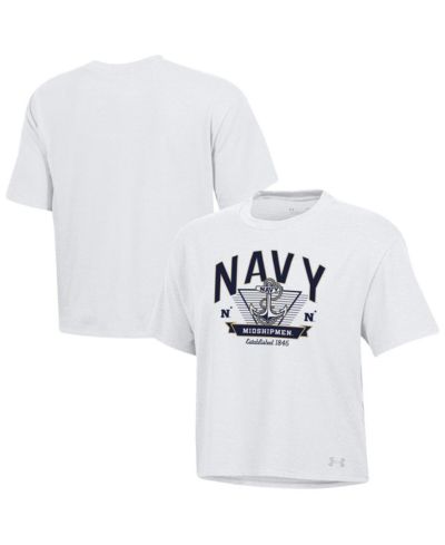 Женский укороченный футболка Under Armour Women's White Navy Midshipmen Essentials Icon Ultra-Soft Tri-Blend Boxy Cropped