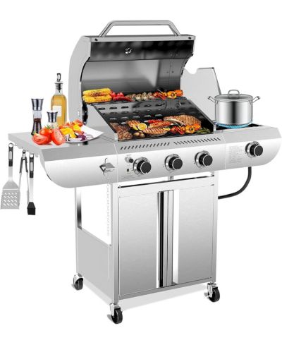Cowsar 3-Burner Propane Gas Grill with Side Burner 34,000 BTU Stainless Steel Outdoor BBQ Grill, Cast Iron Grates, Portable for Patio, Camping