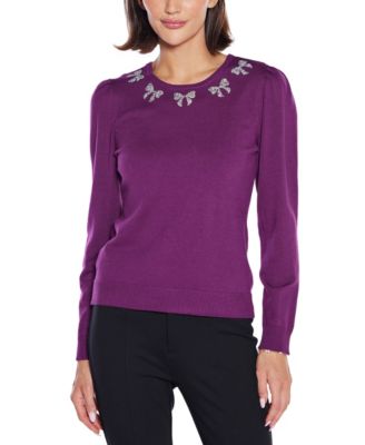 Belldini  Women's Puff Sleeve Embellished Neckline Sweater