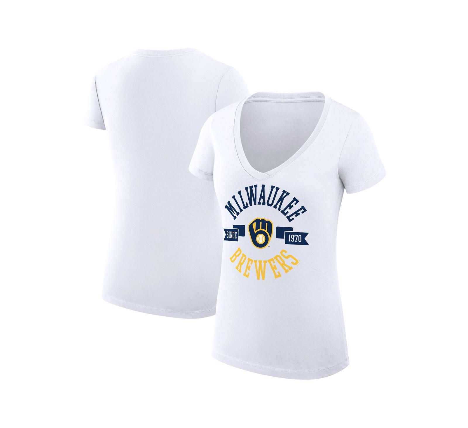 G-III 4Her by Carl Banks Women's White Milwaukee Brewers Super-Slim Fit Lightweight City Graphic V-Neck T-Shirt