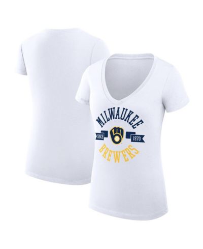 G-III 4Her by Carl Banks Women's White Milwaukee Brewers Super-Slim Fit Lightweight City Graphic V-Neck T-Shirt