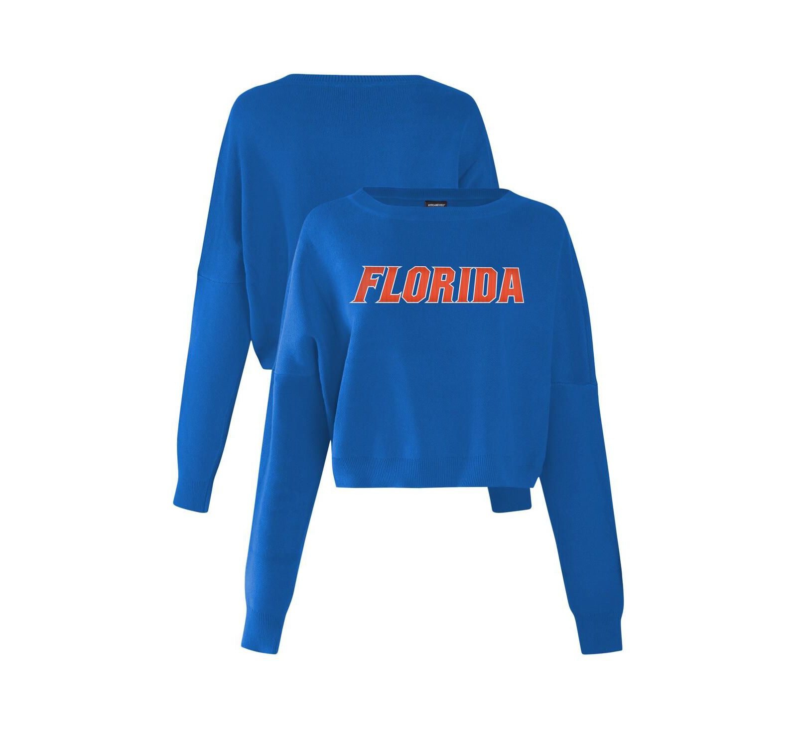 Hype And Vice Women's Royal Florida Gators Oversized Cropped Ivy Knit Pullover Sweater