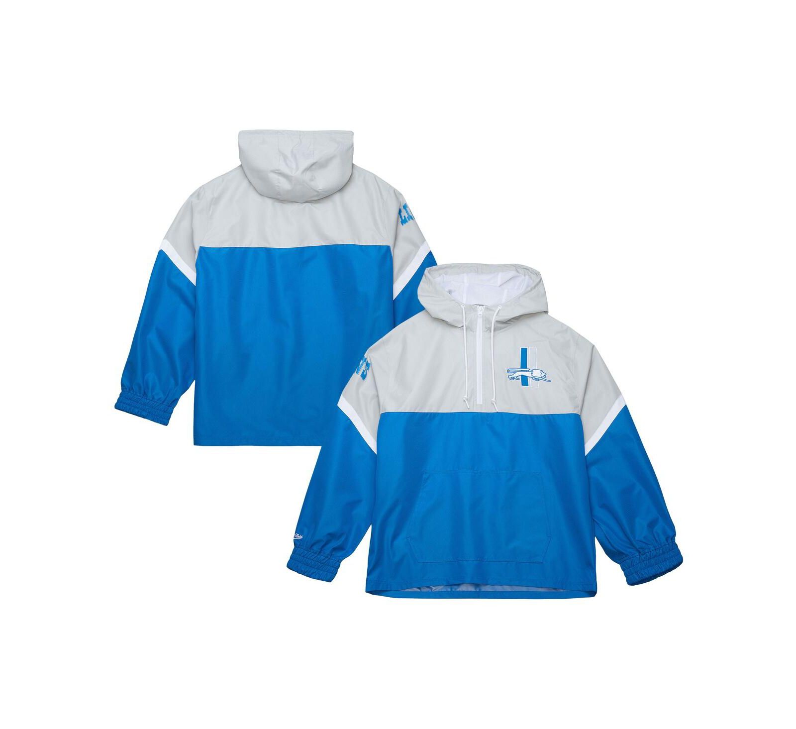 Mitchell & Ness Men's Silver/Blue Detroit Lions Tie Breaker Vintage Logo Lightweight Anorak Half-Zip Windbreaker Jacket