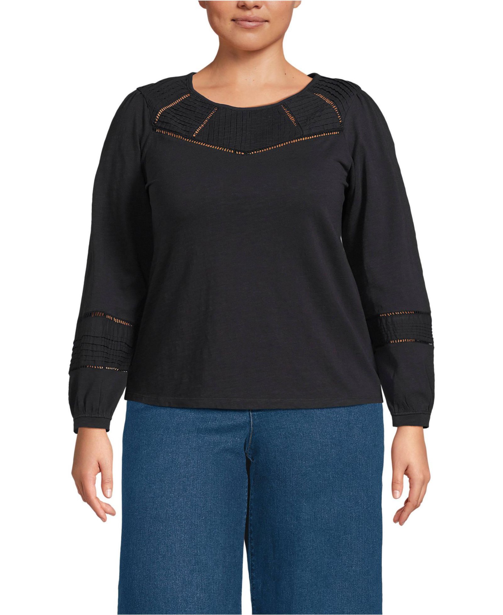 Lands' End Women's Plus Size Long Sleeve Slub Pintuck Top