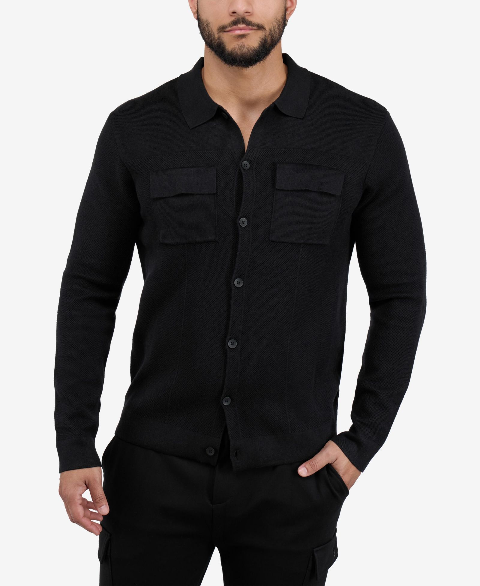 SPRING + MERCER Men's Long Sleeve Sweater With Full Buttoned Two Patch Pockets