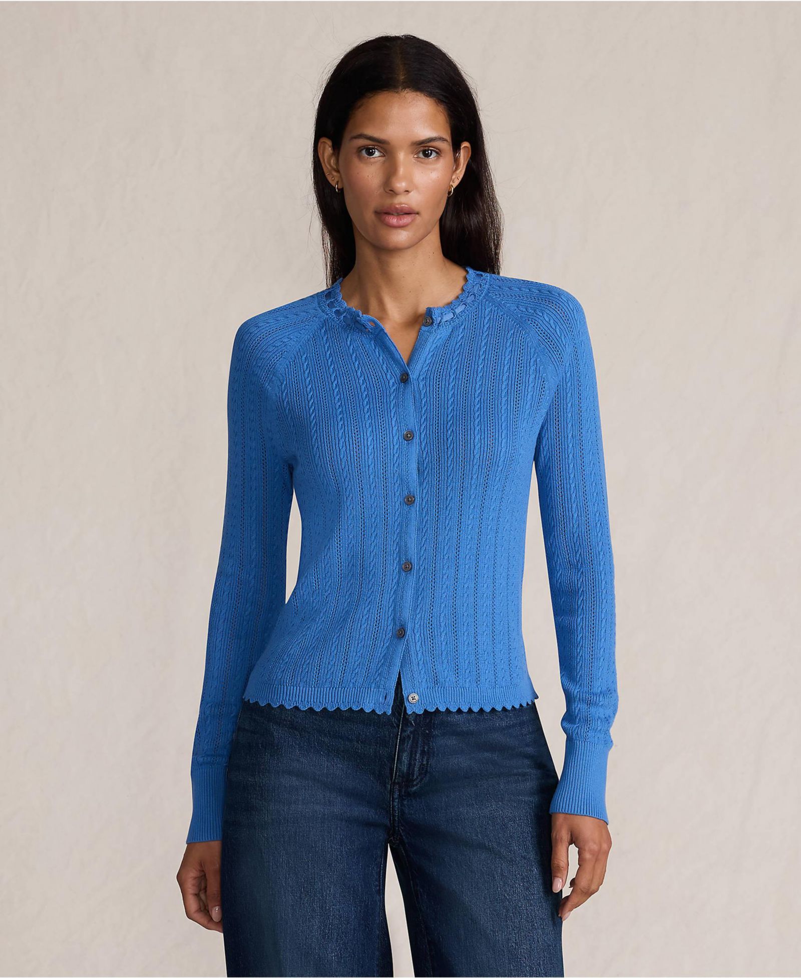Lands' End Women's Cotton Pointelle Satin Trim Cardigan Sweater