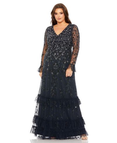 Mac Duggal Женское вечернее платье с V-образным вырезом, украшенное отделкой, длинными расклешенными рукавами