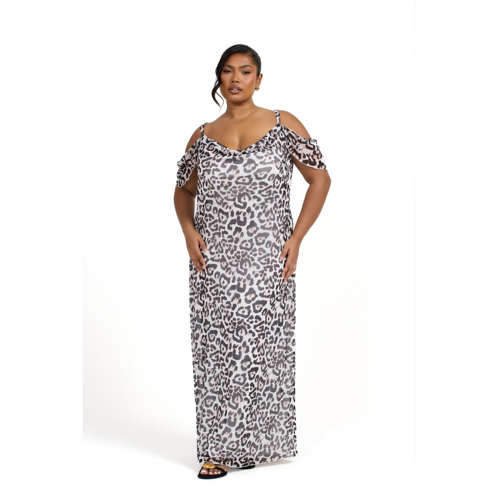 FASHION-SZN CURVE Women's Off The Shoulder Leopard Maxi Dress