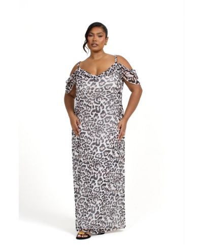 FASHION-SZN CURVE Women's Off The Shoulder Leopard Maxi Dress