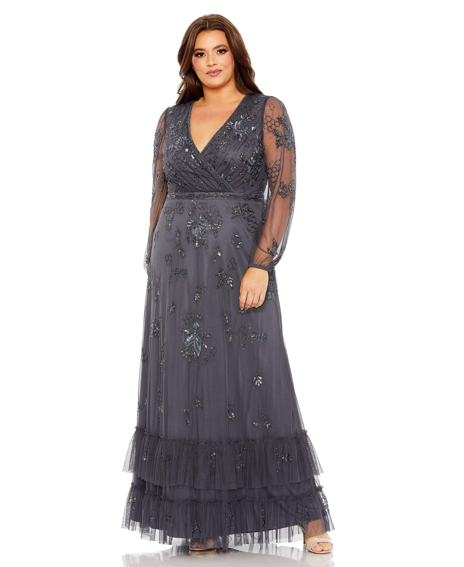Вечернее платье Mac Duggal Women's Puff Sleeve V-Neck Tiered Embellished Gown