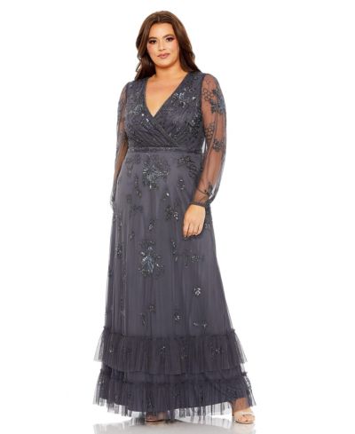 Вечернее платье Mac Duggal Women's Puff Sleeve V-Neck Tiered Embellished Gown