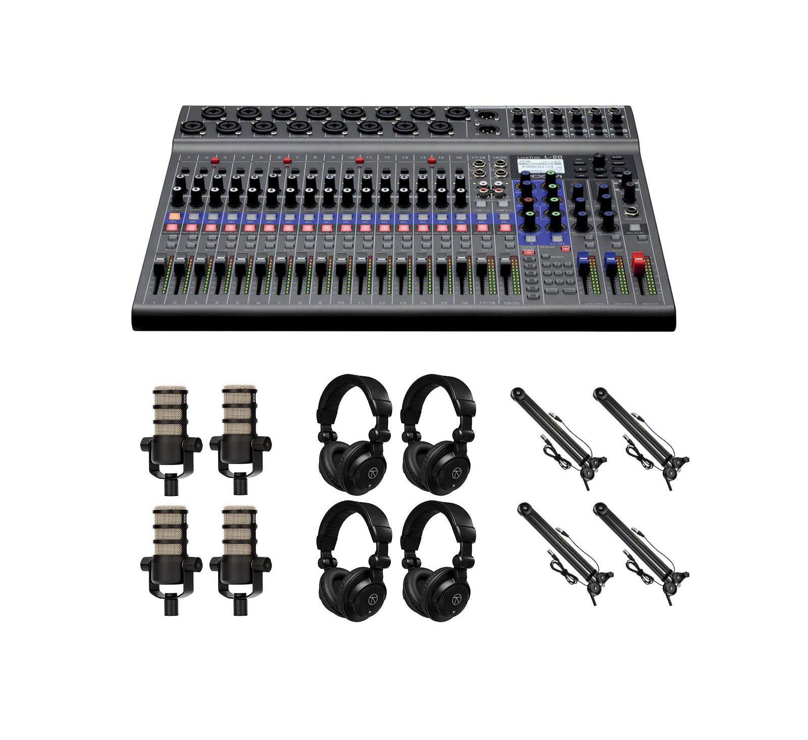Цифровой микшер и многоканальный рекордер Zoom LiveTrak L-20, комплект с 4x PodMic, 4x TAPH100 и 4x Broadcast Arm