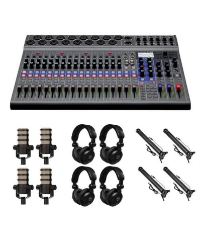 Цифровой микшер и многоканальный рекордер Zoom LiveTrak L-20, комплект с 4x PodMic, 4x TAPH100 и 4x Broadcast Arm