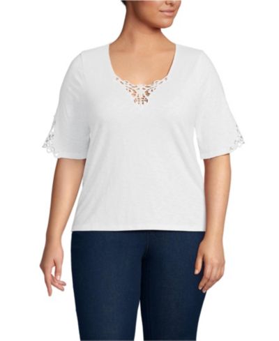 Женская футболка Lands' End Plus Size с рукавом 3/4 и кружевной отделкой