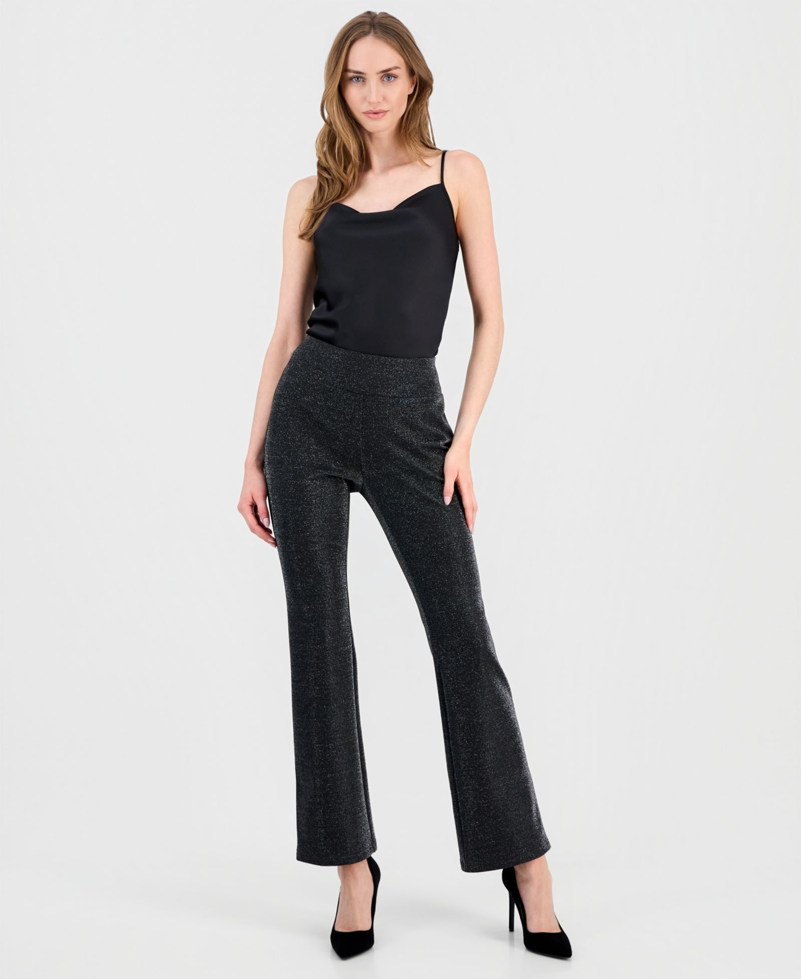T Tahari Women's Pull-On High-Rise Flare-Leg Metallic Pants