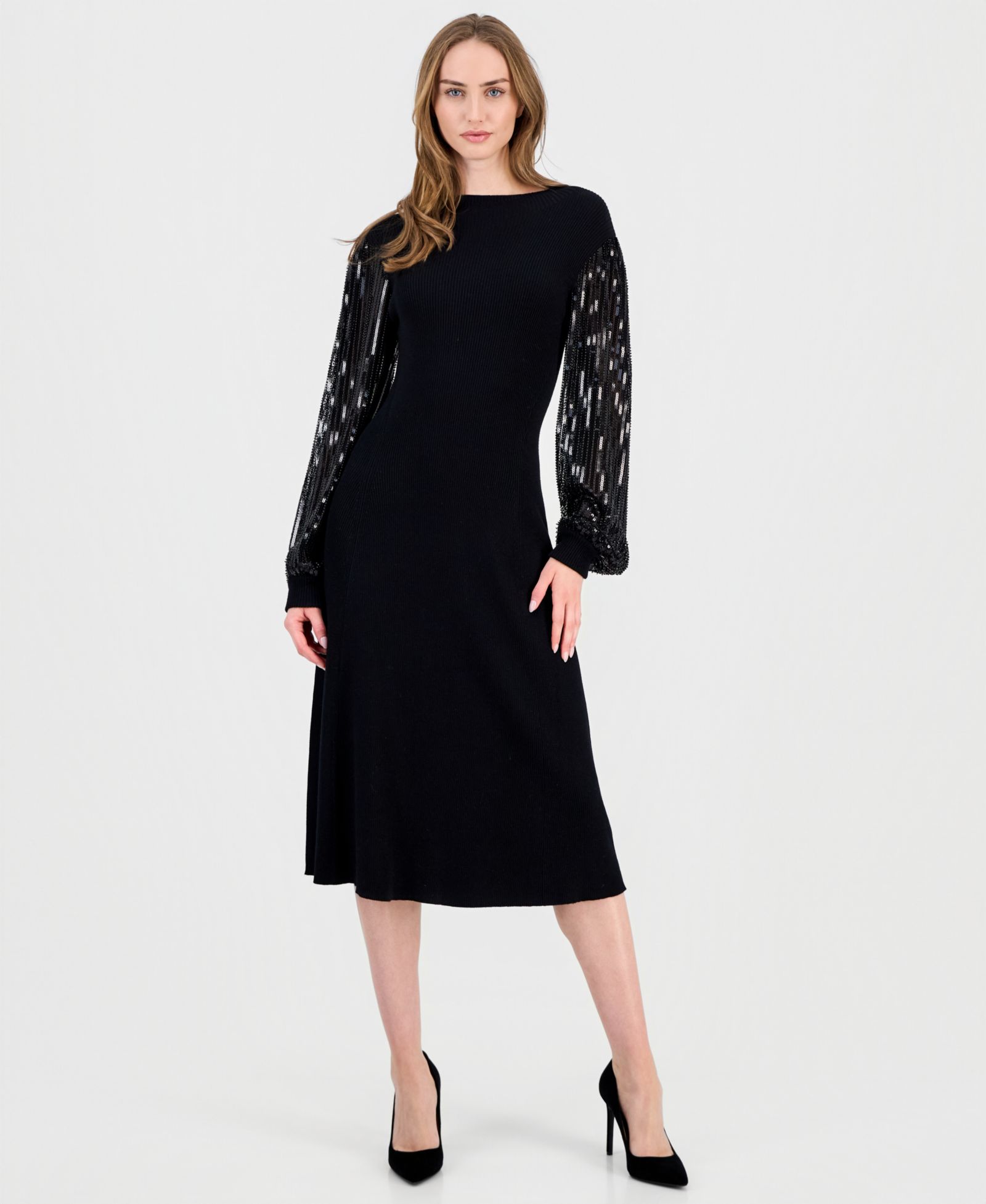 T Tahari Women's Embellished-Sleeve Ribbed Dress