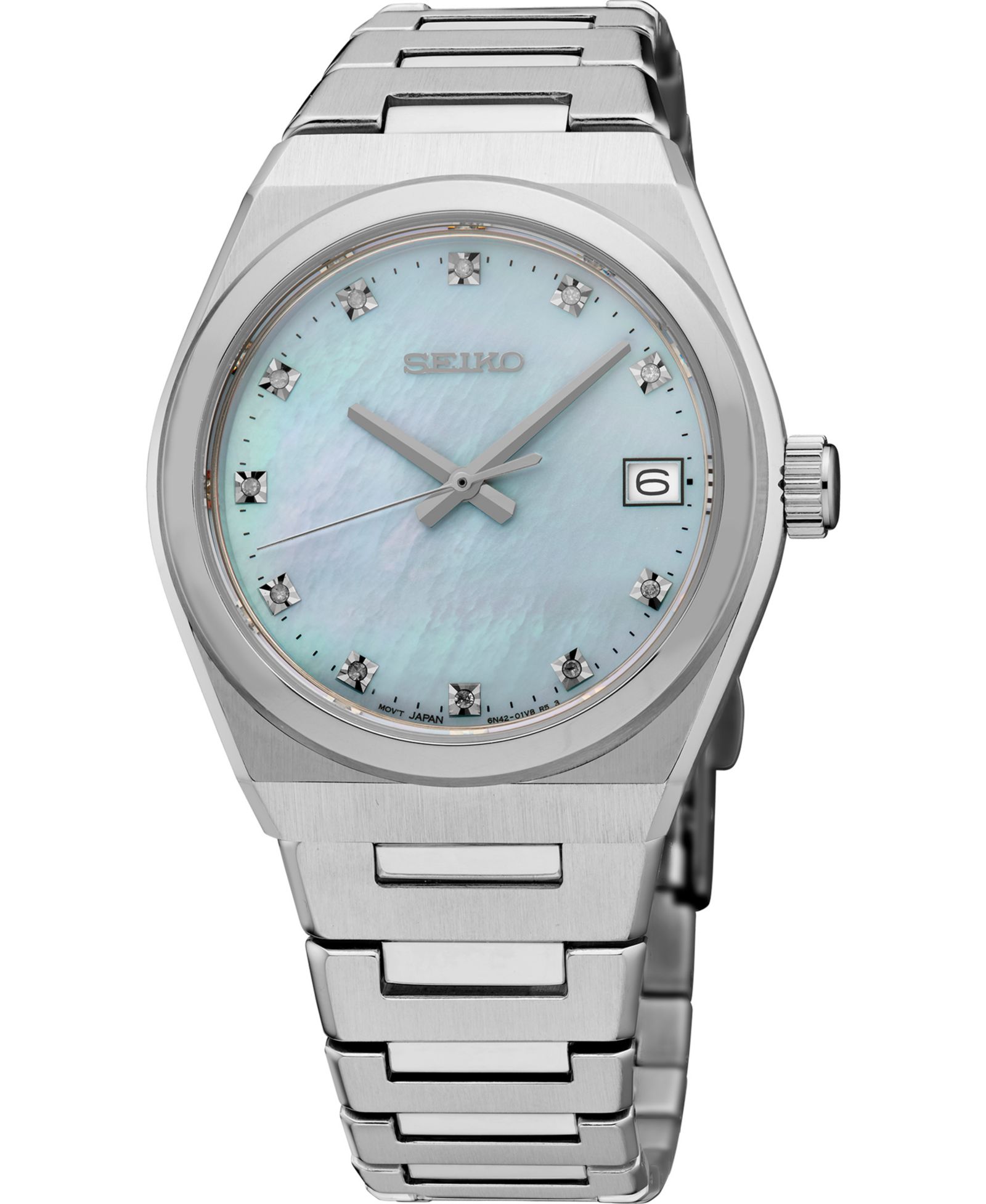 Женские серебряные часы Seiko Diamonds Silver Stainless Steel Bracelet Watch, 34mm