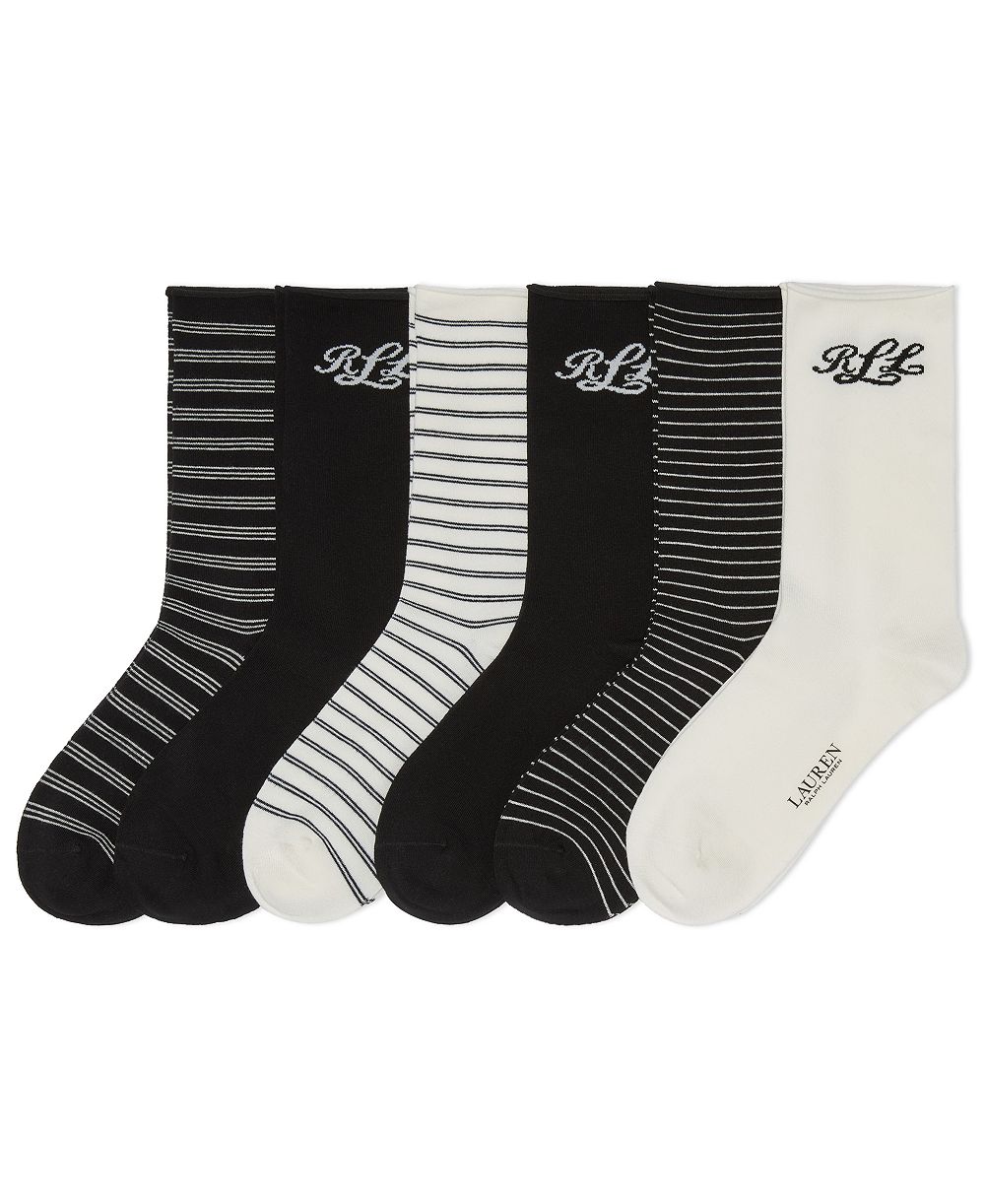 Lauren Ralph Lauren Women's 6-Pack Script Logo and Striped Crew Socks