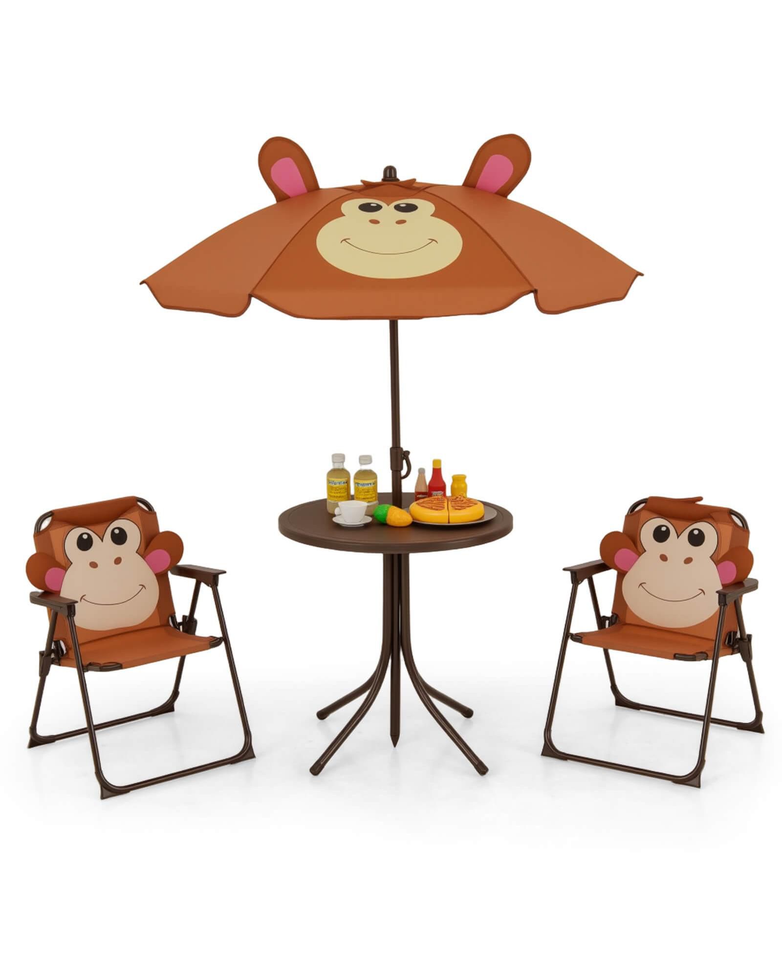 Kids Picnic Table & Chair Set with 2 Folding Chairs & Height Adjustable Umbrella