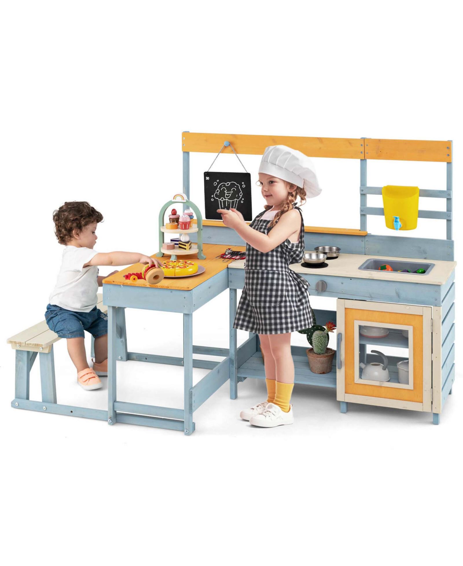 Costway Игровая кухня Mud Kitchen с детским столом для пикника, скамейкой, доской и водой
