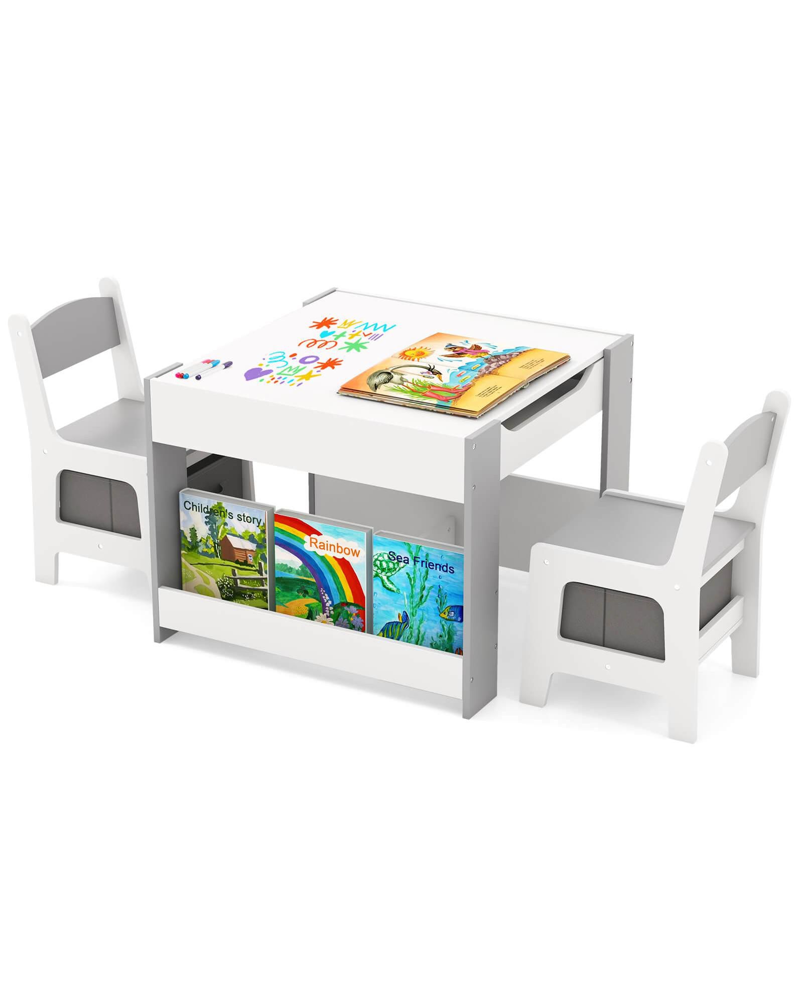 Costway Ages 3-6 Reversible Chalkboard-Whiteboard Activity Table with Storage, 5-Piece Set