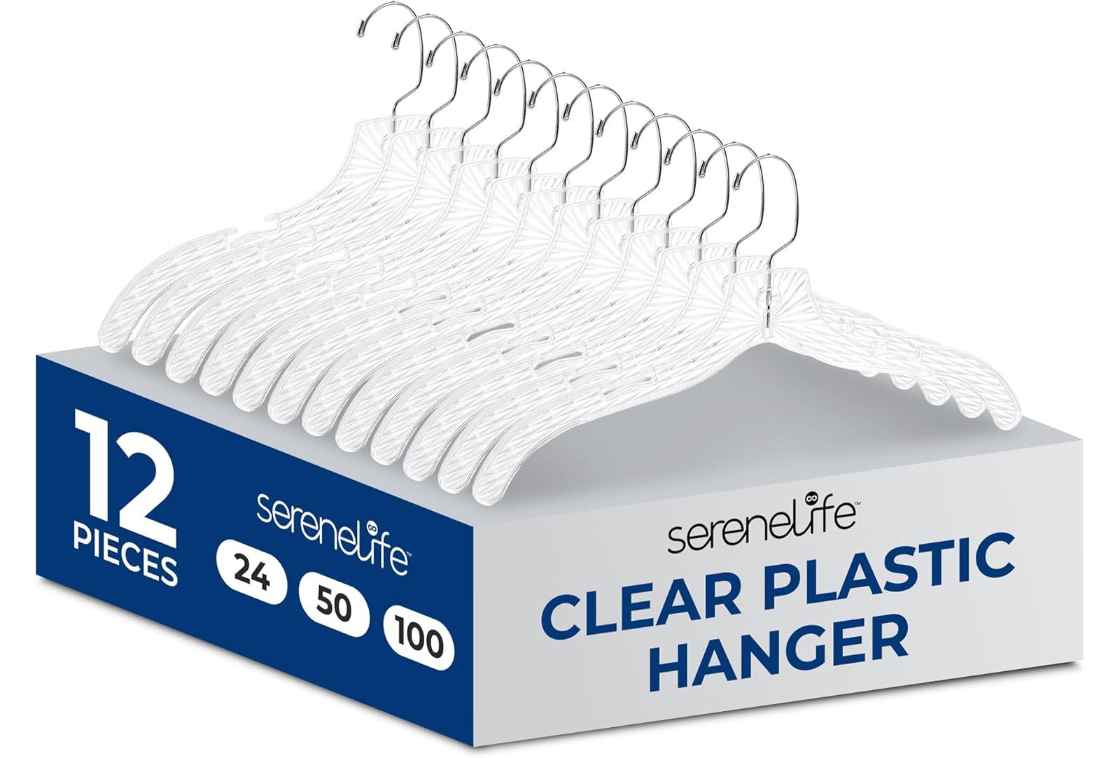 SereneLife 12 Pcs. Clear Plastic Hangers – Non-Slip, Crystal-Cut, Durable & Space-Saving Invisible Hangers for Suits & Clothing (Transparent)