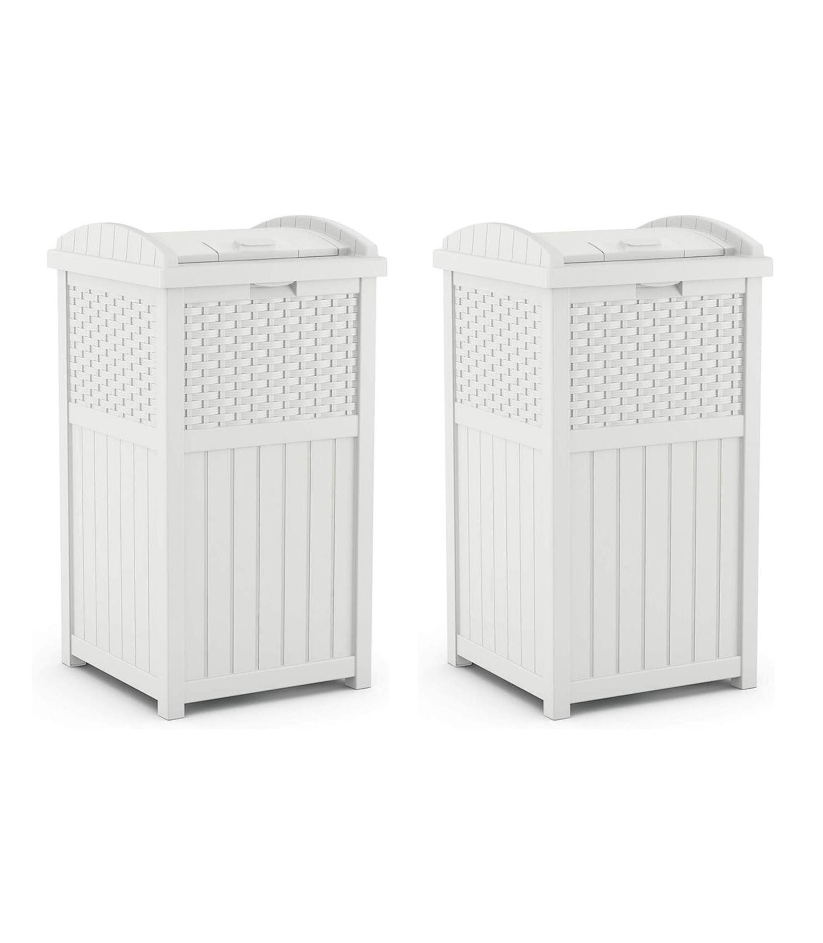 Suncast Wicker Resin Outdoor Hideaway Trash Can Bin with Latching Lid (2 Pack