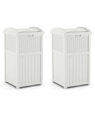 Suncast Wicker Resin Outdoor Hideaway Trash Can Bin with Latching Lid (2 Pack