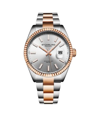 Stuhrling Vanguard 4069 Мужские кварцевые часы - 42mm, серебристый циферблат, розовое золото, двухцветный браслет, дата, водонепроницаемость 100M