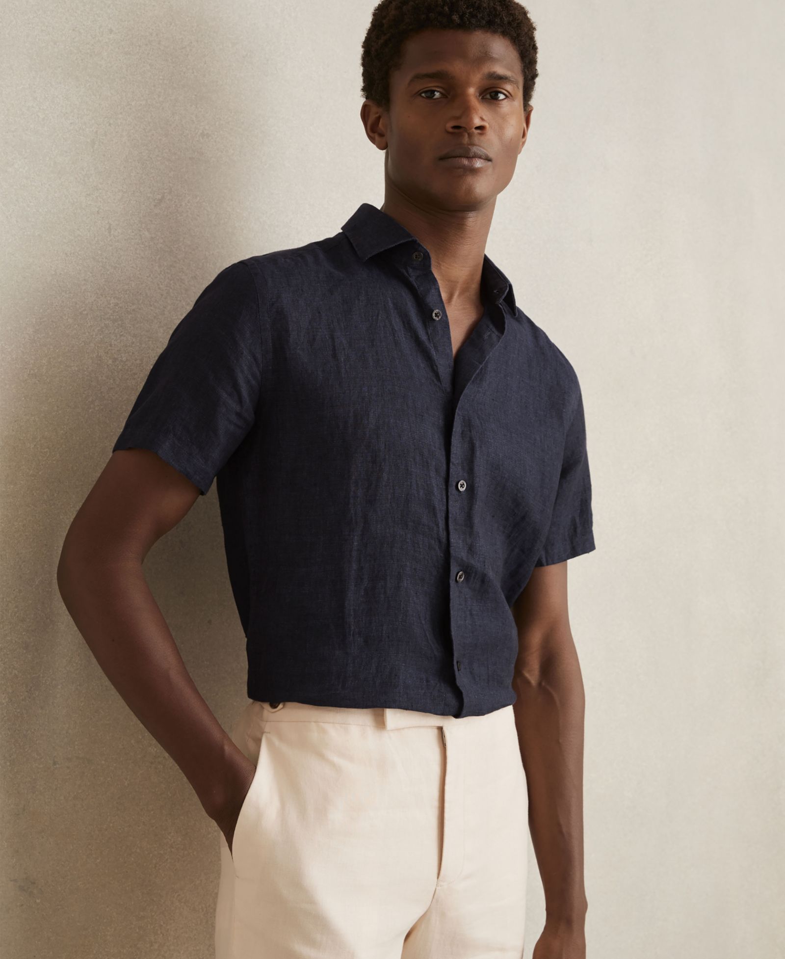 REISS Men's Holiday Linen Short Sleeve Shirt