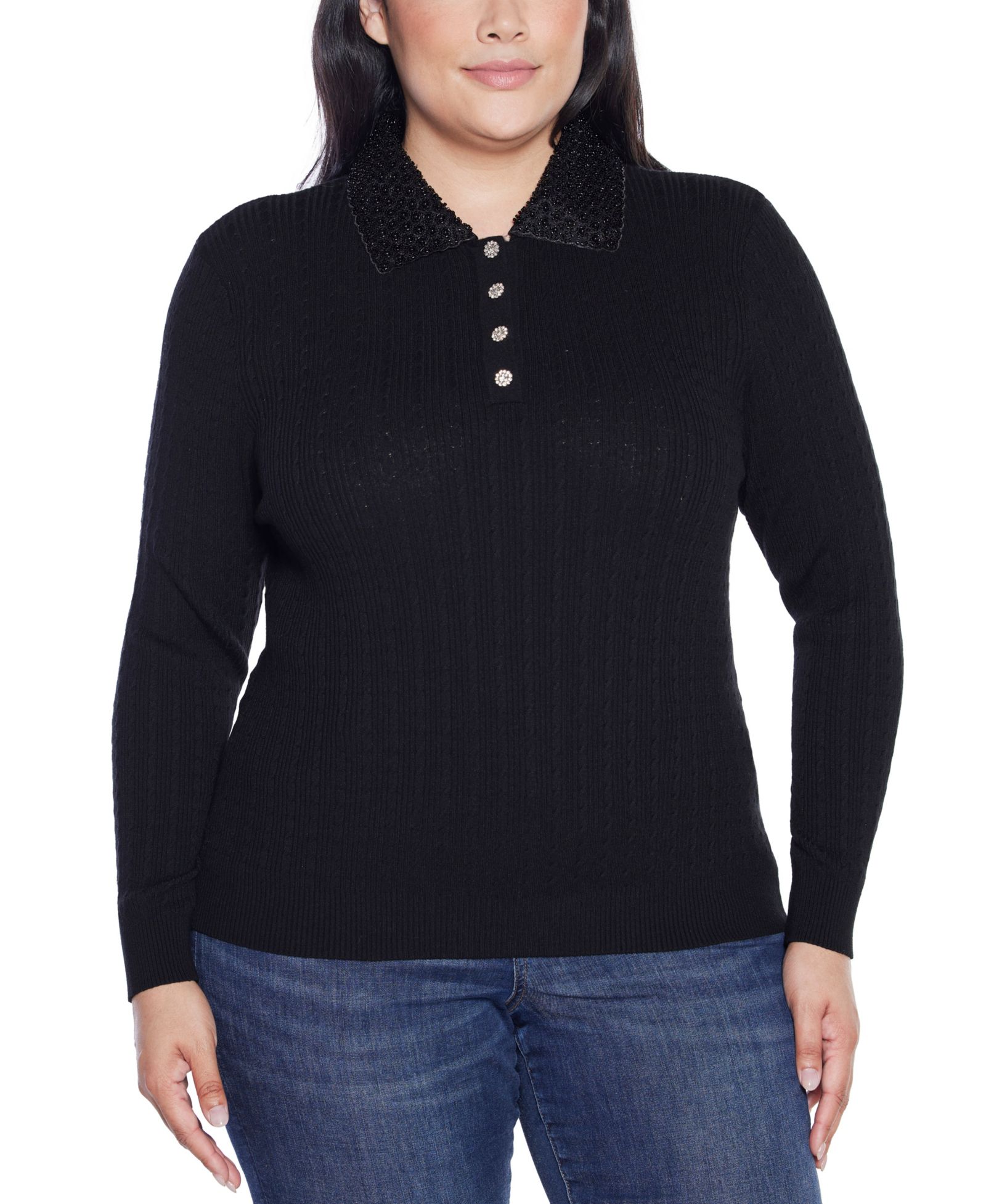 Belldini Plus Size Black Label  Beaded Collar Sweater