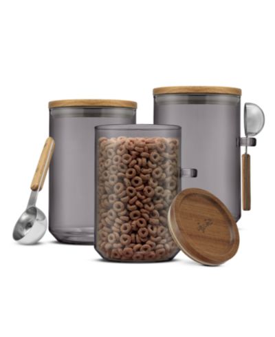 JoyJolt Holden Stackable Glass Storage Canister with Wood Lids and Scoops, Set of 3