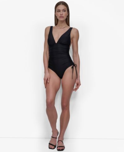 DKNY Women's Side Adjustable Tie Plunge One-Piece Swimsuit