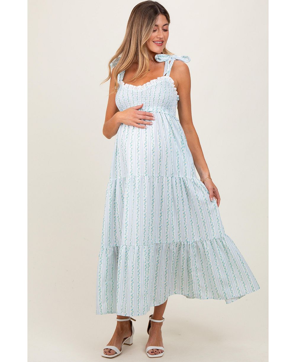 Pinkblush Women's Floral Striped Smocked Shoulder Tie Maxi Dress