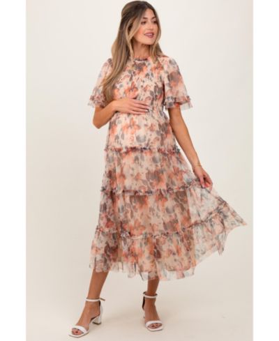 Pinkblush Women's Peach Floral Mesh Smocked Midi Dress