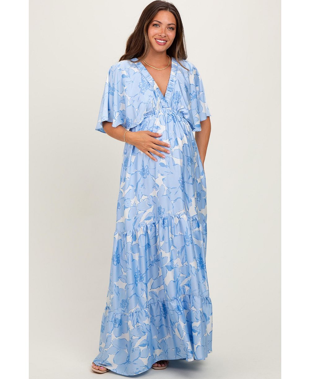 Pinkblush Maternity Floral Short Sleeve Deep V-Neck Tiered Maternity Maxi Dress