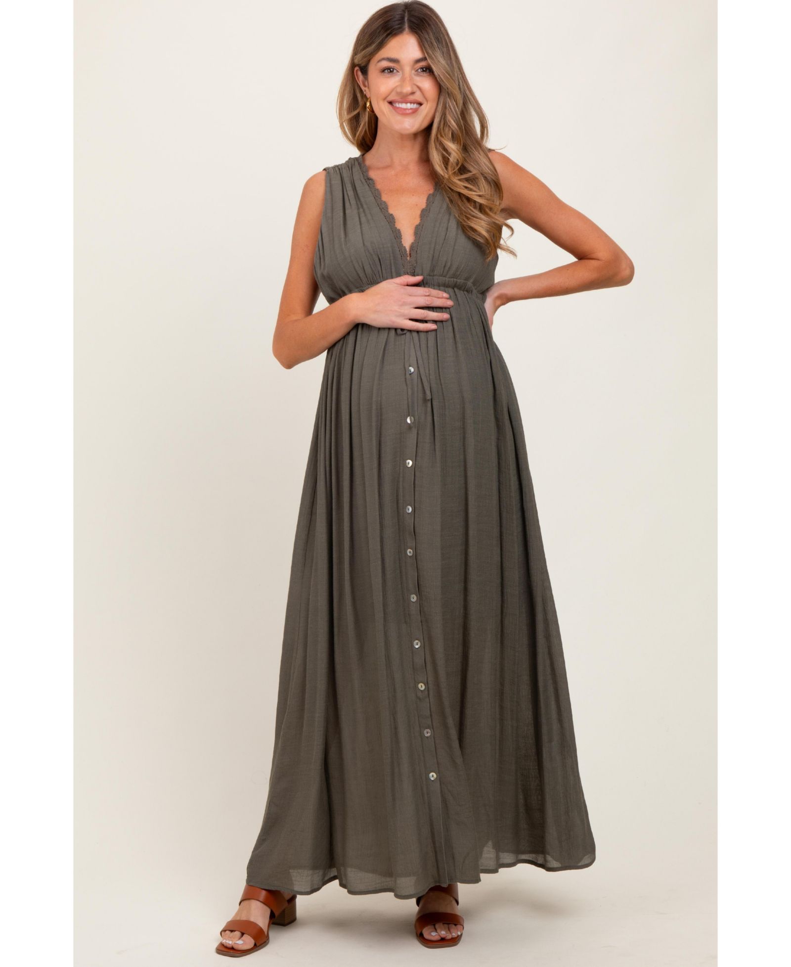 Pinkblush Women's Olive Deep V-Neck Sleeveless Button Down Maxi Dress