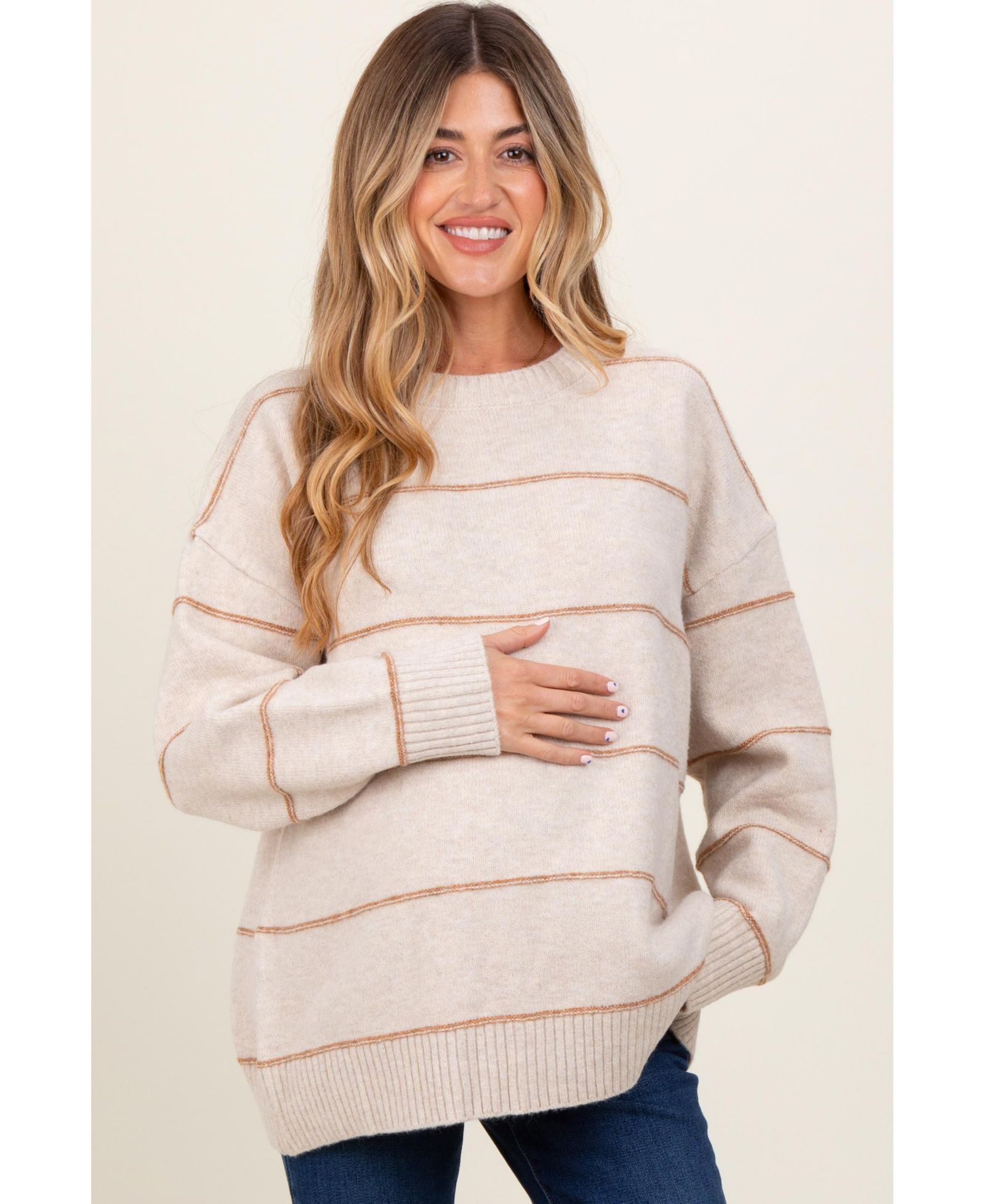 Pinkblush Women's Olive Striped Drop Shoulder Sweater