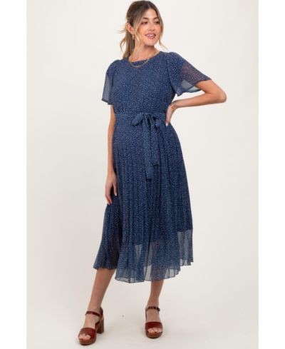 Pinkblush Women's Navy Leaf Print Pleated Midi Dress