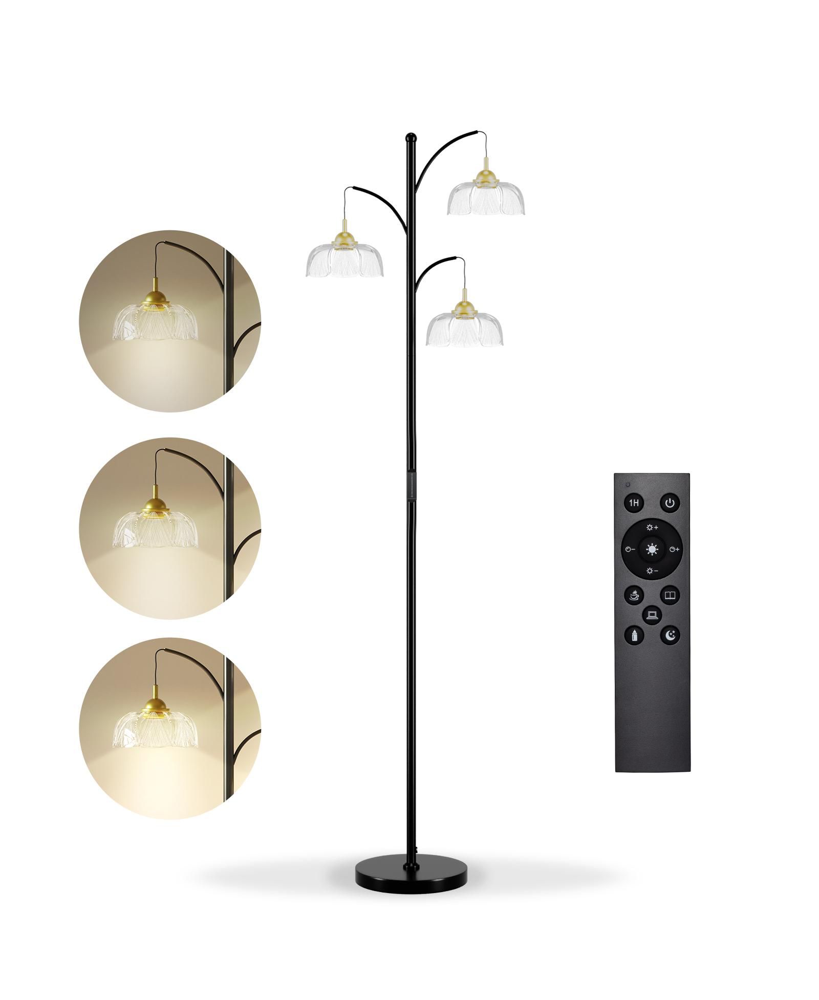 Modern Standing Floor Lamp with LED Bulbs, 3 Adjustable Heads and Petal Glass Shades