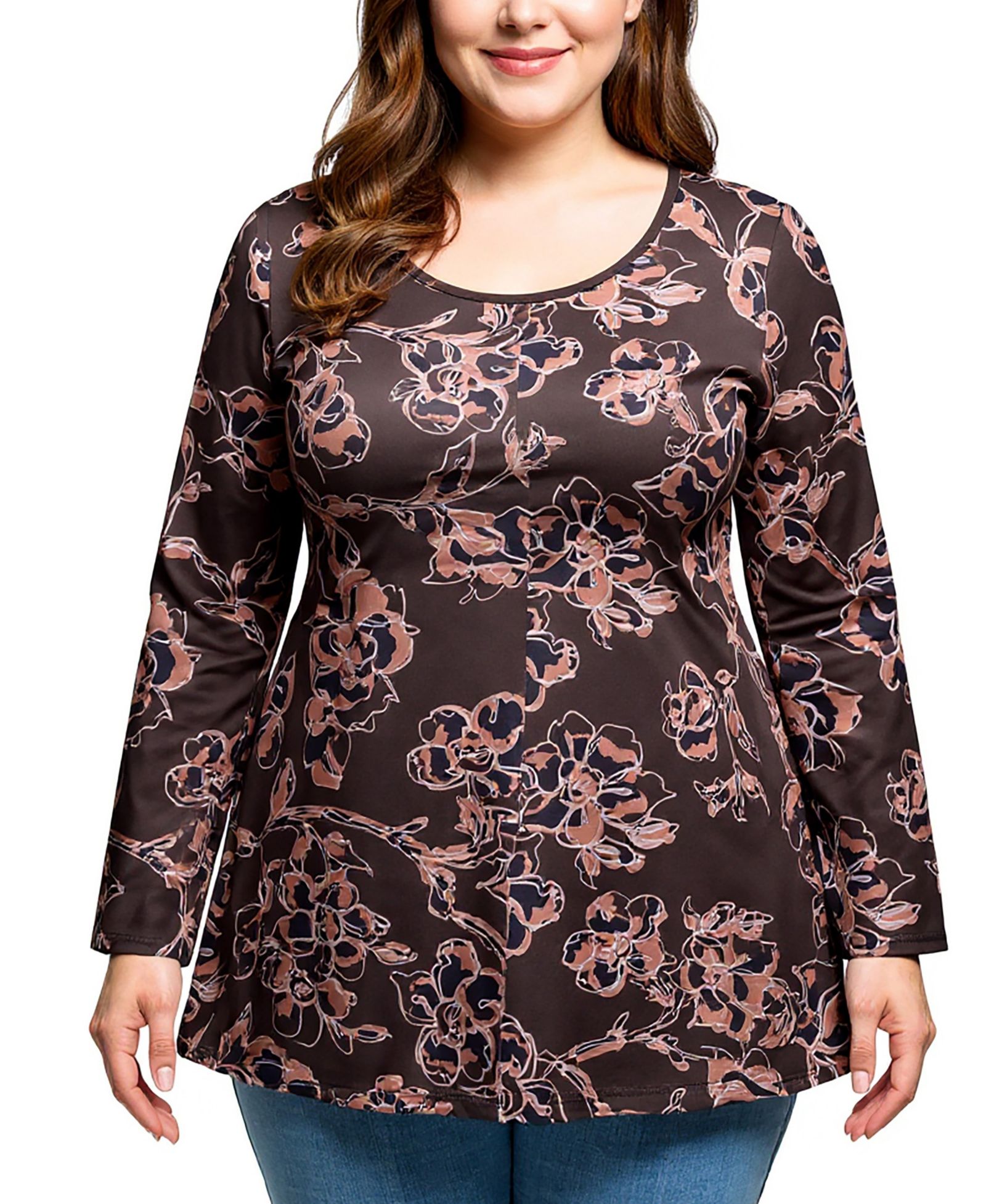 Tunic top 24seven Comfort Apparel Plus Size brown floral print long sleeve