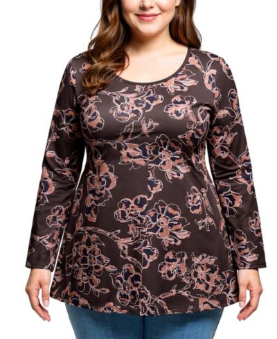 Tunic top 24seven Comfort Apparel Plus Size brown floral print long sleeve