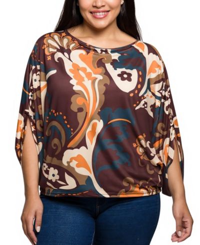 24seven Comfort Apparel Plus Size Brown Paisley Print Dolman Sleeve Top