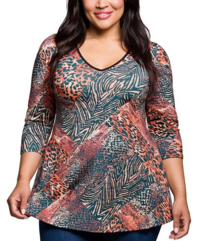 Женская туника 24seven Comfort Apparel Plus Size Animal Print V Neck Three Quarter Sleeve